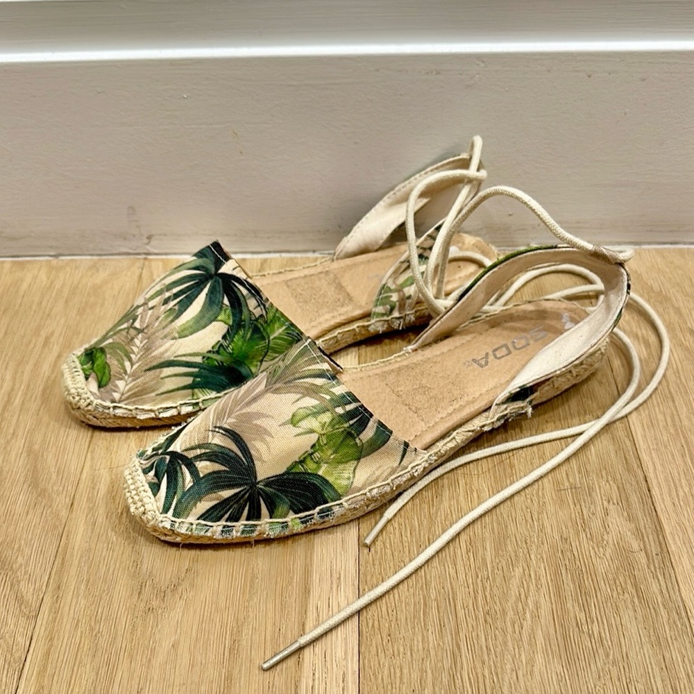 Soda Green and Tan Espadrilles with Tropical Design